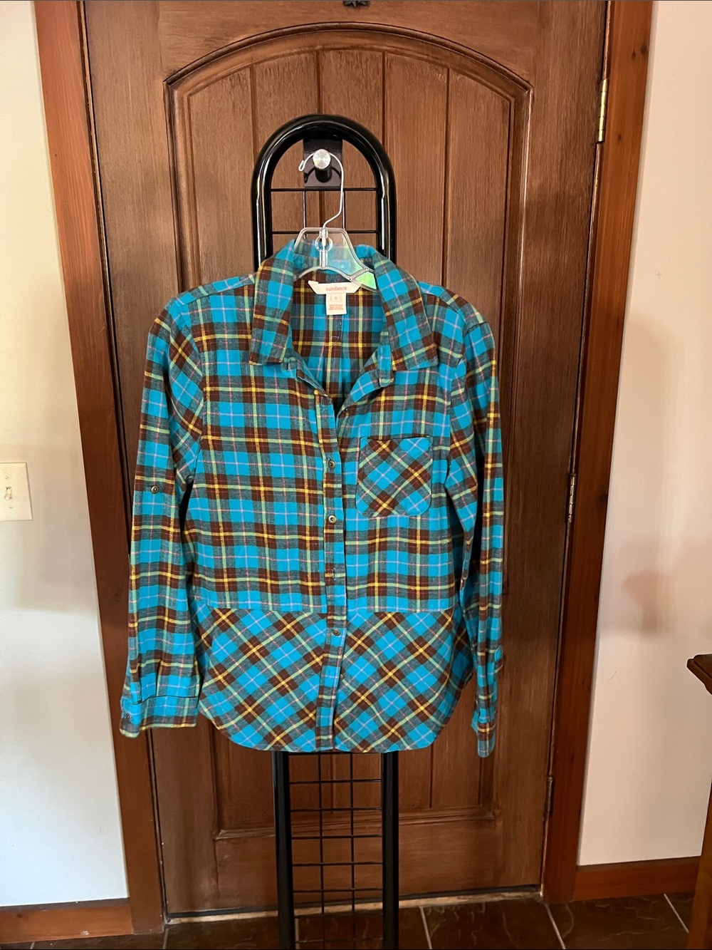 Sundance Plaid Button-Down Shirt in Turquoise, Brown & Yellow